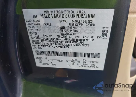 2009 Mazda Tribute I Sport из США, поврежденный, VIN 4F2CZ02749KM09455